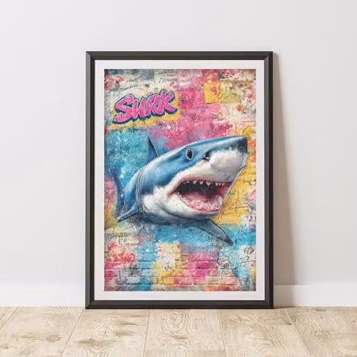 60 Second Makeover Shark Graffiti Urban Street Art Poster, Multicolour A4 Paper Wall Art