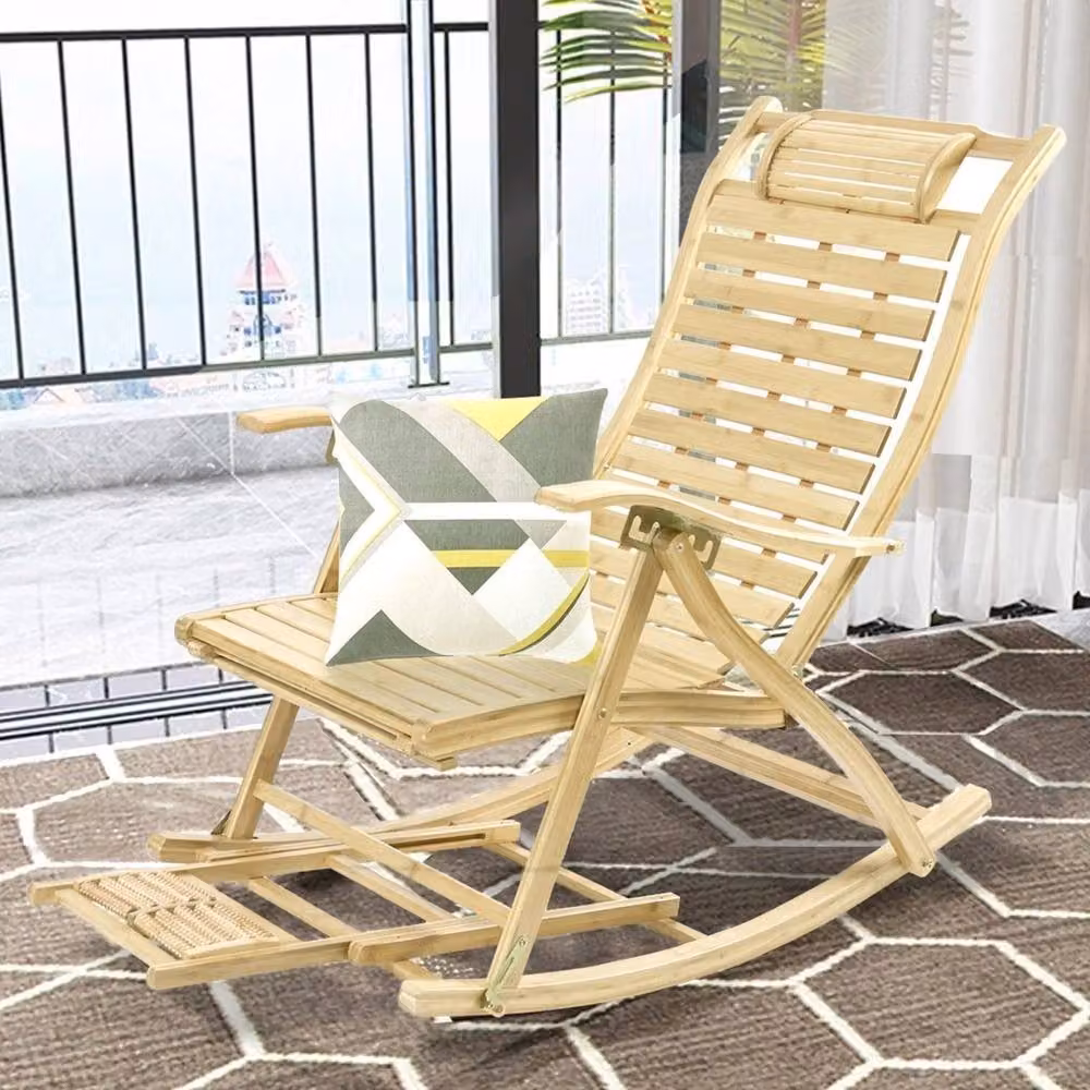 FLAVORA Bamboo Sunlounger Recliner with Adjustable Headrest in Sand Beige – 2