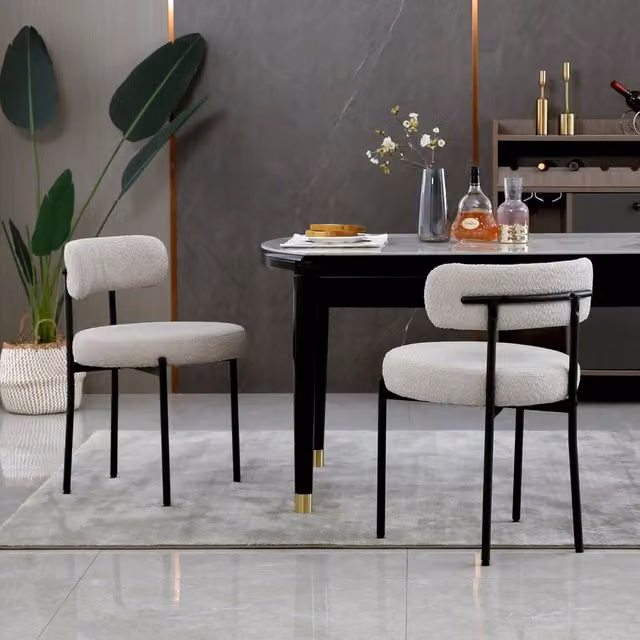 Modern Home Touch Set of 2 Mid-Century Grey Bouclé Fabric Dining Chairs with Black Metal Legs