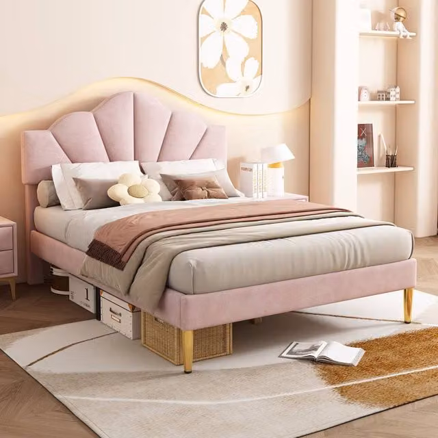 Merax Shell-Like Velvet Upholstered Double Bed with Adjustable Headboard in Pink, W/D/H: 140 x 200 cm