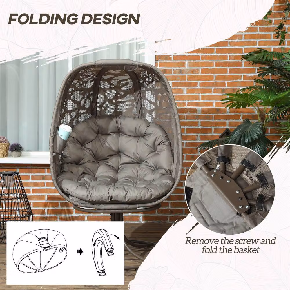Matteo Swivel Padded Egg Lounge Chair with Foldable Metal Frame in Sand Brown – 5