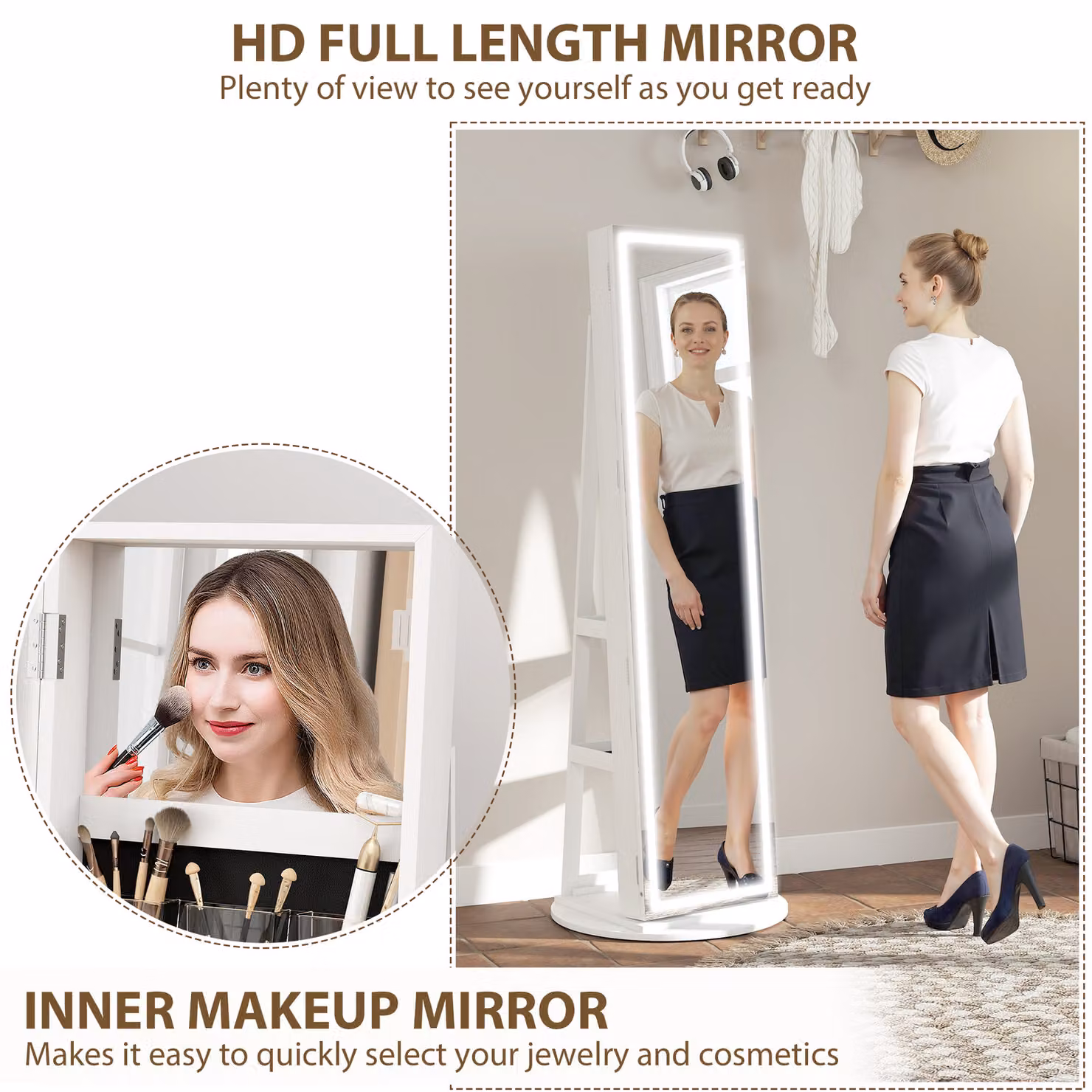 HOMCOM White 360 Swivel Mirror Jewellery Cabinet with 3-Colour LED Lights and Lockable Storage – 4
