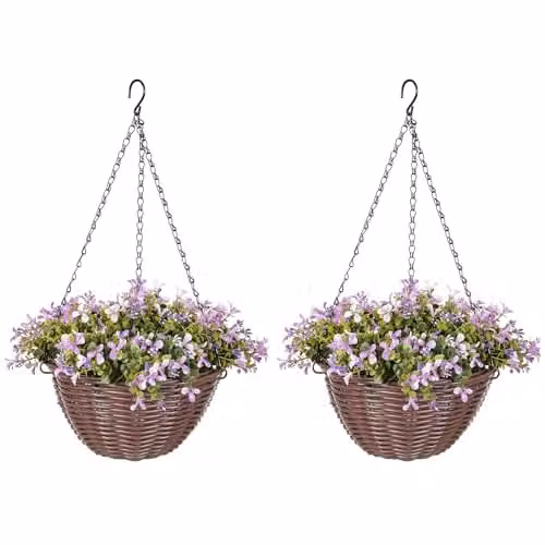 HOMCOM Set of 2 Purple Artificial Hanging Flowers in Rattan Baskets