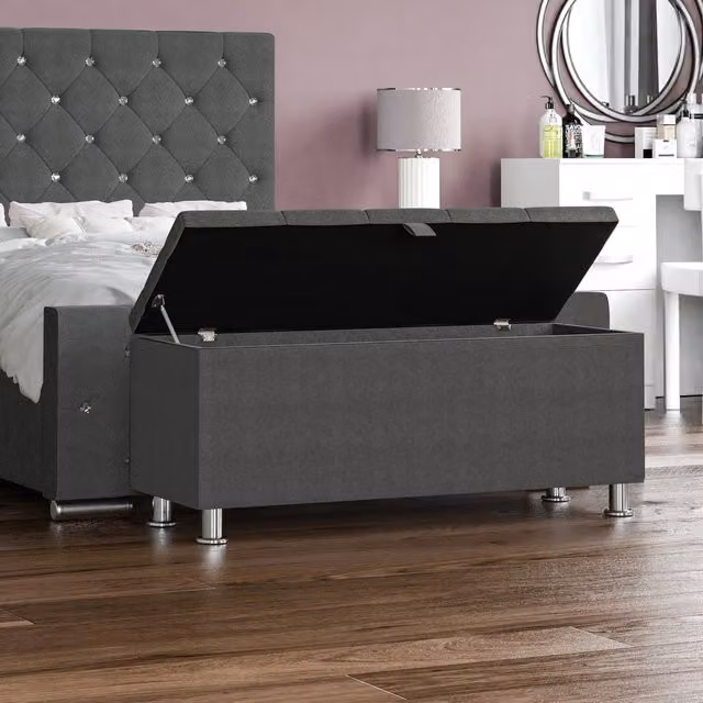 Vida Designs Valencia Fabric Storage Ottoman in Dark Grey Linen, W/D/H: 100 x 40 x 44 cm