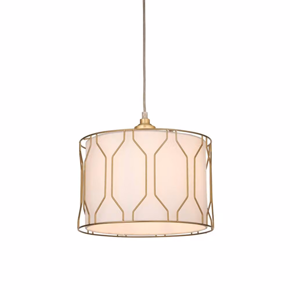 Lighting Collection Art Deco Drum Shade in White with Gold Cage Details – 2