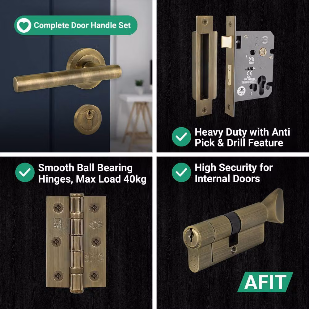 AFIT Antique Brass Euro Thumbturn Cylinder Door Handle, Lock and Hinges Set in Gold, W/D/H: 15.0 x 15.0 x 7.0 cm – 7