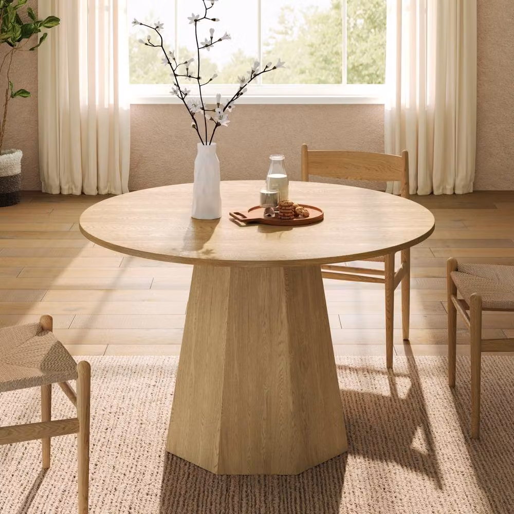 BTM Scandinavian Round Oak Dining Table, 4-6 Seater, Sand and Brown, Diameter: 120 cm – 2