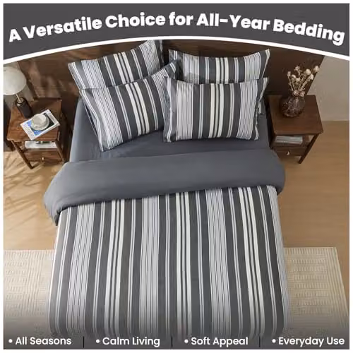 GAVENO CAVAILIA Junie King Size Striped Duvet Cover Set with Pillowcases, Grey and Multicolour Reversible Polyester and Cotton Bedding Set, W/D/H: 180 x 200 cm – 6
