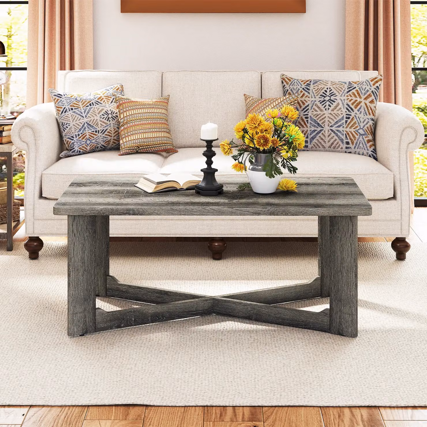 Costway Rectangular Coffee Table in Grey with Rustic Rubberwood Finish – 3