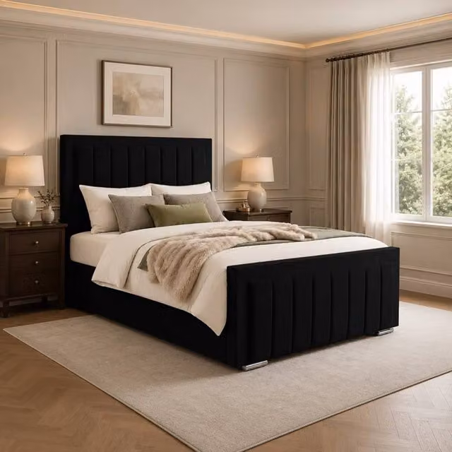 Desire Deco Lucia Upholstered Panel Bed Frame in Black Velvet, Super King, 200 x 200 cm