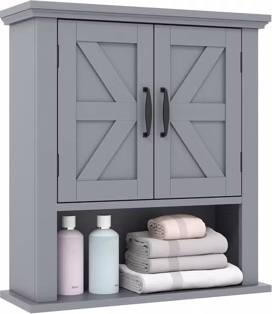 Kelvenix Farmhouse Wall Mounted Grey Bathroom and Kitchen Cabinet with Hinged Doors and Internal Shelves