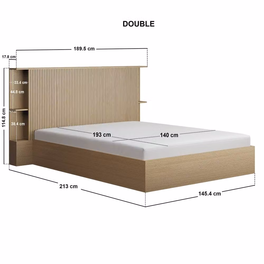 Solace+Co Zora Ottoman Bed with Headboard Shelves in Oak Brown, Double – 4