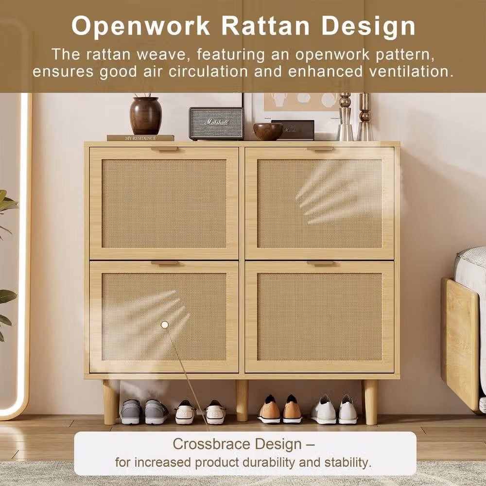 BTM Brown Rattan Shoe Storage Cabinet with Tilting Compartments and Adjustable Internal Shelves W/D/H: 100 x 25 x 90 cm – 2