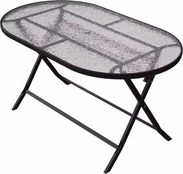 Livingandhome Oval Metal Folding Garden Table with Parasol Hole and Transparent Tempered Glass Top, Black