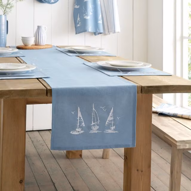 Catherine Lansfield Salcombe Boats Cotton Dining Table Runner, Blue, W/D/H: 33 x 220 cm – 1
