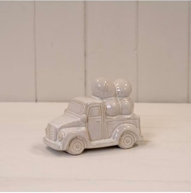KDMD Vintage Ceramic Car Carrying Eggs Ornament in White and Beige