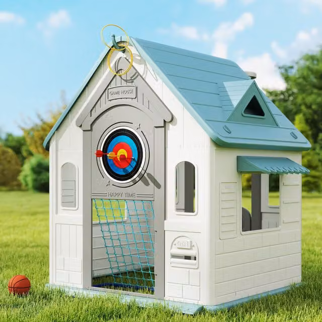 AIYAPLAY 5-in-1 Indoor Outdoor Playhouse with Hoop and Football Throwing Game, White