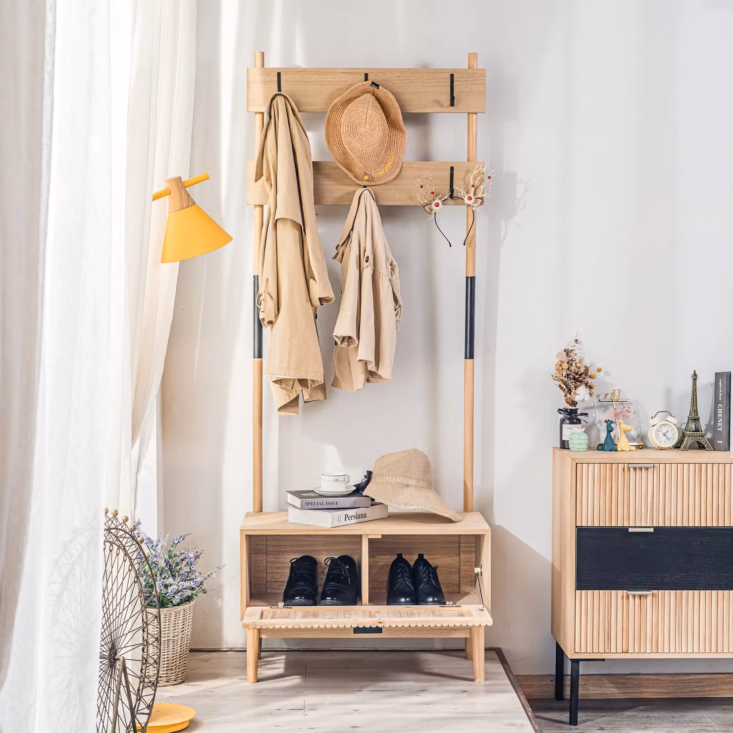 Nordlys Modern Hall Tree with Bench and Coat Rack in Brown Wood and Metal, H 182.0 cm x W 72.0 cm – 2