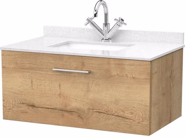 Balterley Pershall Modern 1 Drawer Bathroom Vanity Unit with Marble Top and Basin in Autumn Oak Brown, W: 80 cm
