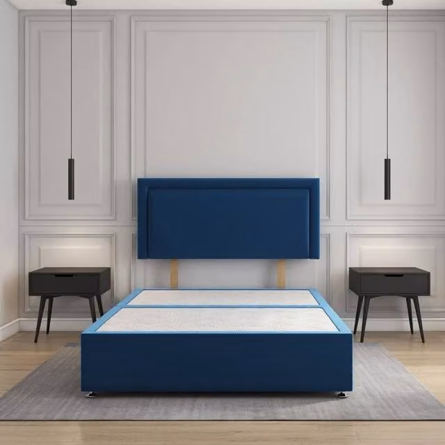 Regional Furnishings Luxury King Size Divan Bed Base with 24 inch Headboard in Blue Plush Velvet, W/D/H: 180 x 200 cm