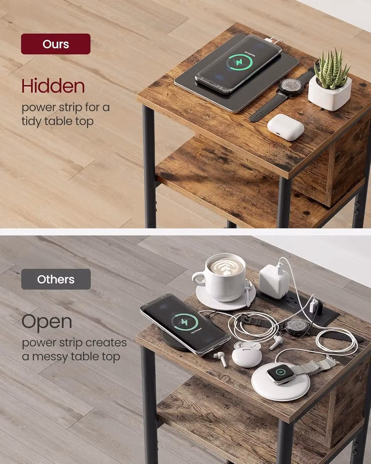 VASAGLE Slim Brown Side Table with 2 AC and USB Charging Outlets – 5