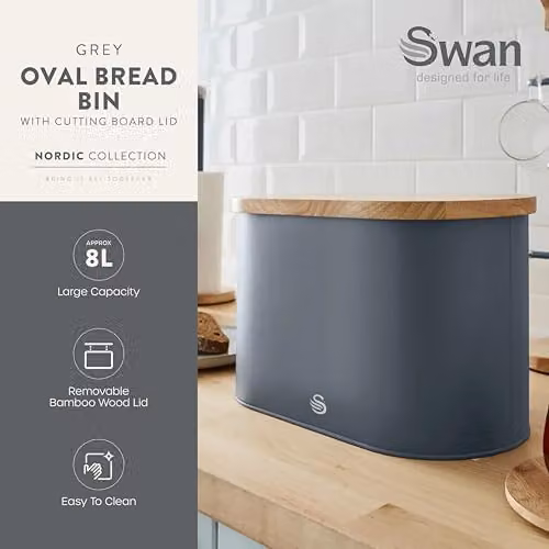 Swan Nordic Scandi Bread Bin with Bamboo Cutting Board Lid, Grey, Metal and Bamboo, W/D/H: 34.5 x 18.5 x 16.5 cm – 2