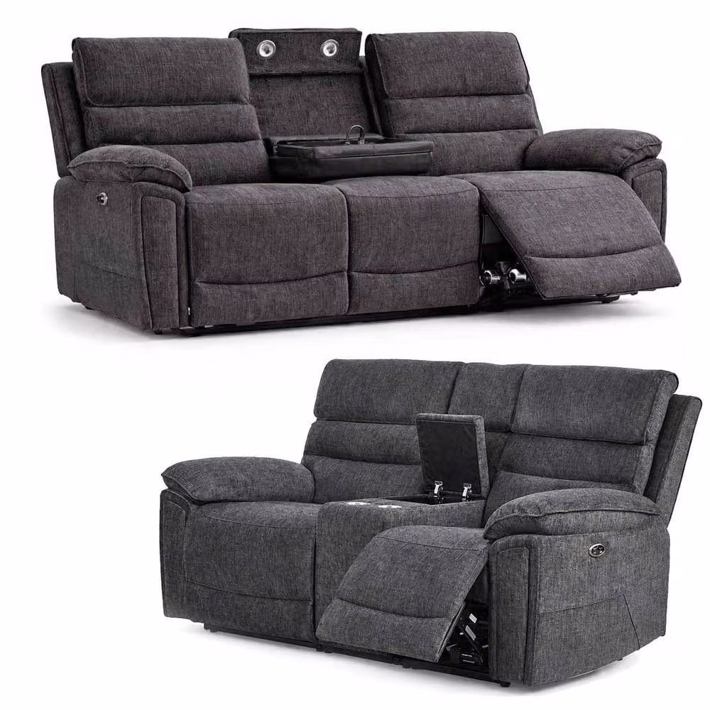 Furnishings For Less UK Sicily 3 + 2 Seater Electric Power Recliner Sofa Suite in Grey Fabric with USB Charging, Cup Holders and LED Lighting – 3