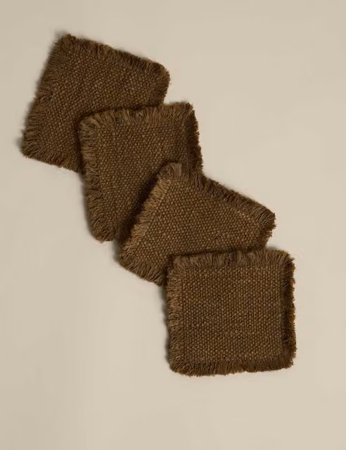 M&S Set of 4 Pure Cotton Frayed Edge Coasters in Green
