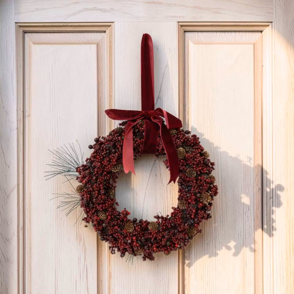 Four Candle Luxury Burgundy Berry and Pinecone Christmas Wreath with Velvet Bow, Red – 2