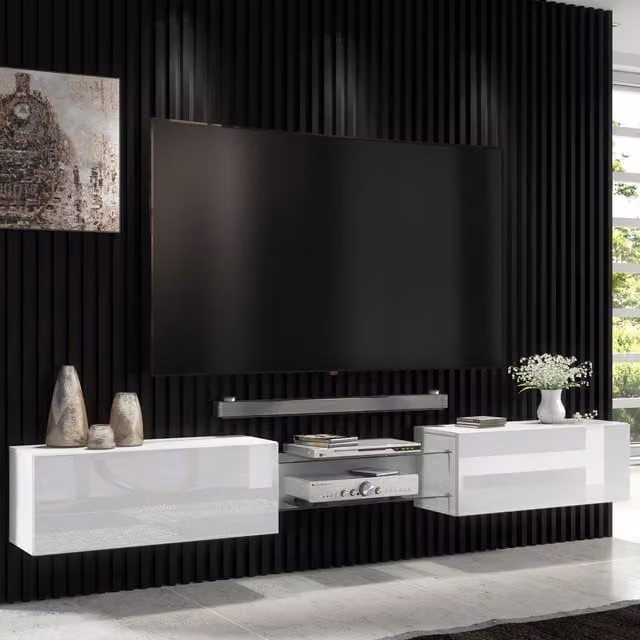 Furneo Art 02 Modern White Glossy TV Stand with LED and Glass Details