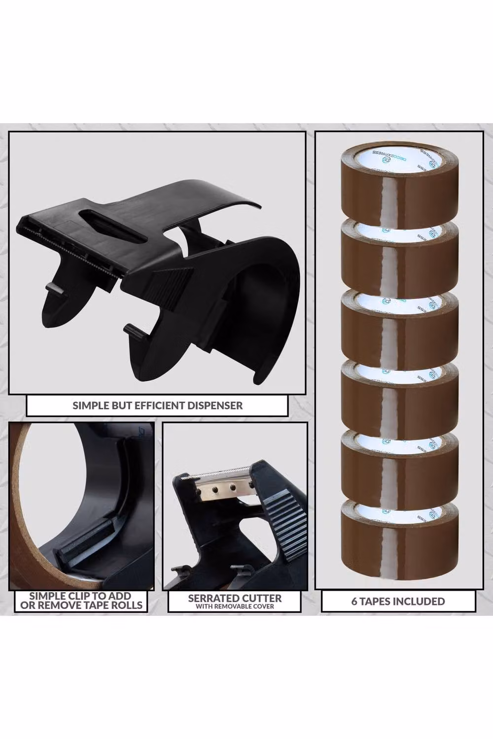Deco Express Heavy Duty Packing Tape Dispenser with 6 Brown and Transparent Tape Rolls – 8