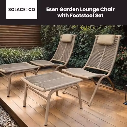 Solace+Co Esen Rattan Garden Sun Loungers with Matching Ottomans, Set of 2, Beige – 2