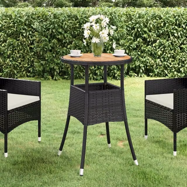 Berkfield Home Garden Table in Black Acacia Wood and Poly Rattan, W/D/H: 60 x 60 x 75 cm – 1