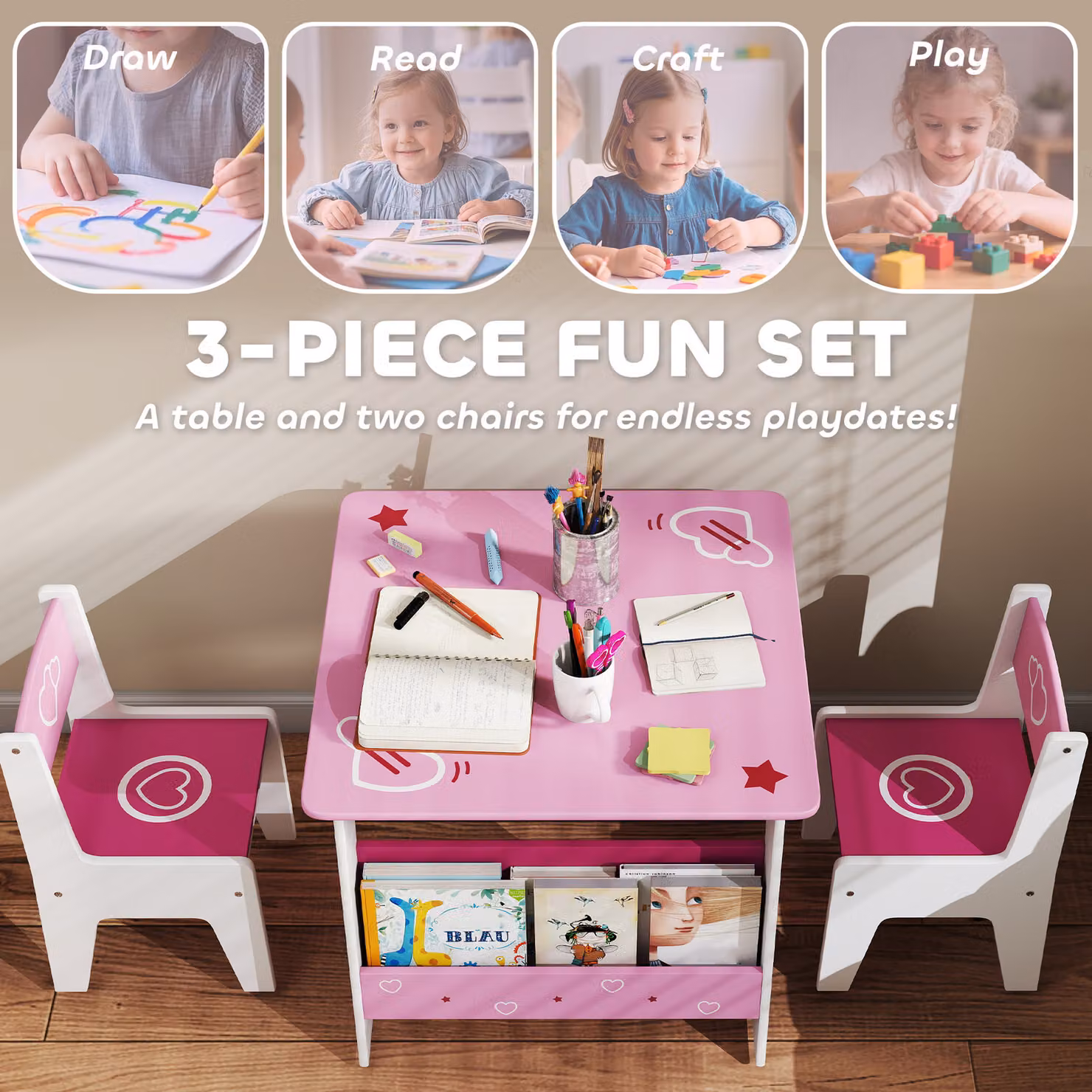 AIYAPLAY 3 Piece Kids Table and Chair Set with Bookshelves in Pink – 3