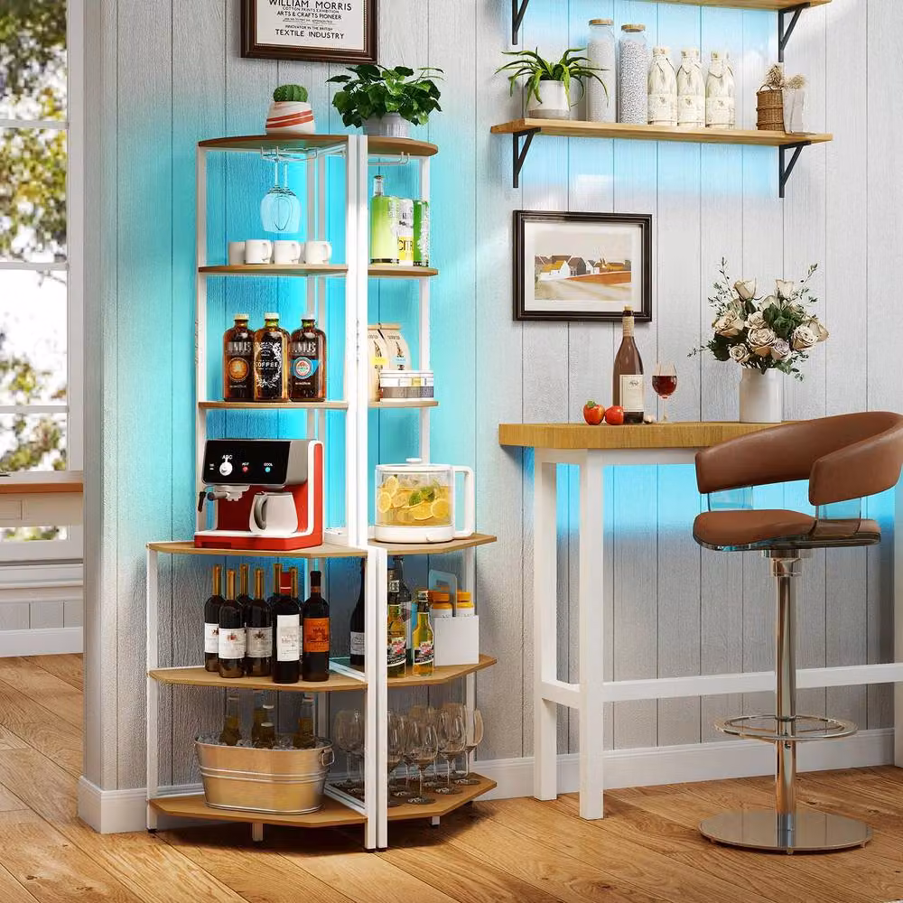 Costway Natural Wooden Corner Shelf with Freestanding Storage Shelves – 3