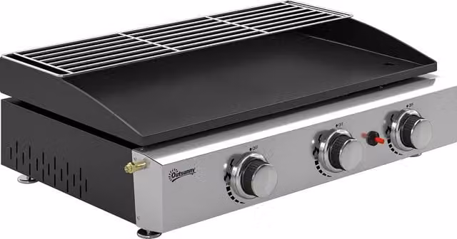 Outsunny 3 Burner Gas Plancha Tabletop Grill Griddle with Warming Rack, 7.5 kW, Black – 1