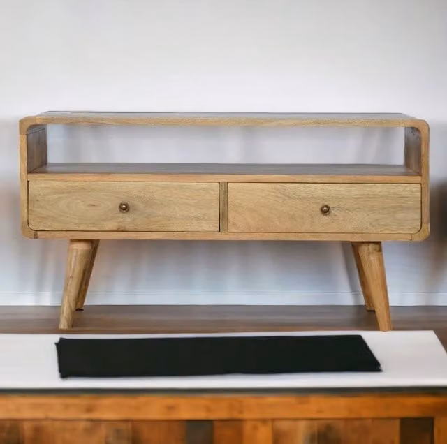 STILVORA Mid-Century Brown Wood Media Unit Set of Two with 2 Drawers and Open Slots