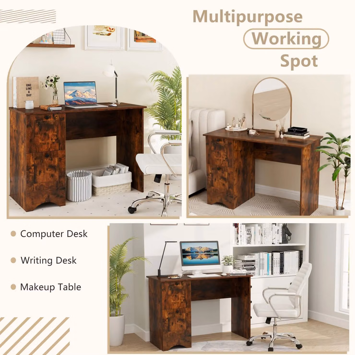 Costway Computer Desk for Home Office and Study with 2 Drawers, Brown – 4