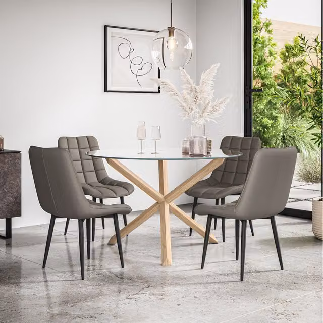 More4Homes Malvern Round Glass Dining Table Set with Oak Legs and 4 Grey Nova Faux Leather Chairs, Diameter: 120 cm, Height: 75 cm