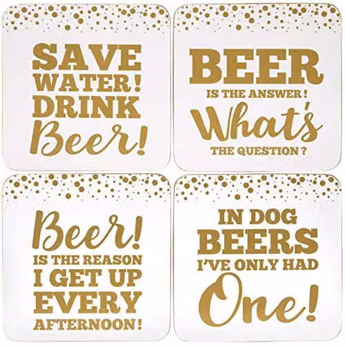 Lesser & Pavey Set of 4 Beer Quote Novelty Cork Coasters in White and Gold, Square