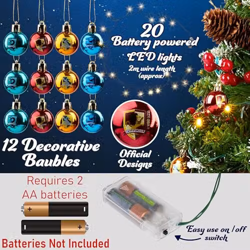 Harry Potter Pre-lit Mini Artificial Tabletop Christmas Tree with 12 Baubles and LED White String Lights, Green and Multicolour – 7