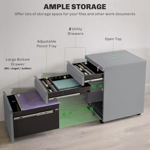 Vinsetto 3-Drawer Mobile Filing Cabinet with Lock and Castors, Grey, W: 39 cm, D: 48 cm, H: 60 cm – 3
