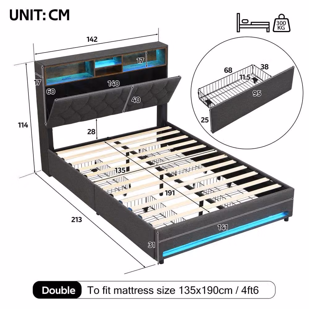 Rolipo Grey Fabric Double Bed Frame with 4 Storage Drawers, LED Lights and USB Ports, 140 x 200 cm – 6