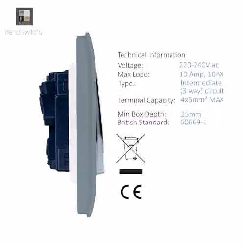 Trendi 2 Gang (1x 2 Way & 1x Intermediate) 10 Amp Rocker Light Switch in Cool Grey – 3