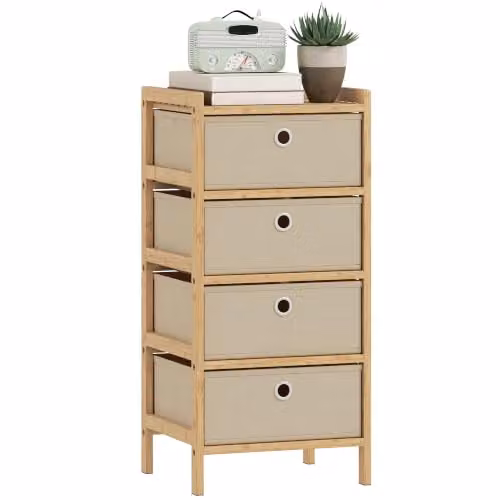 HOMCOM Chest of Drawers with Bamboo Frame and 4 Fabric Drawers in Cream White