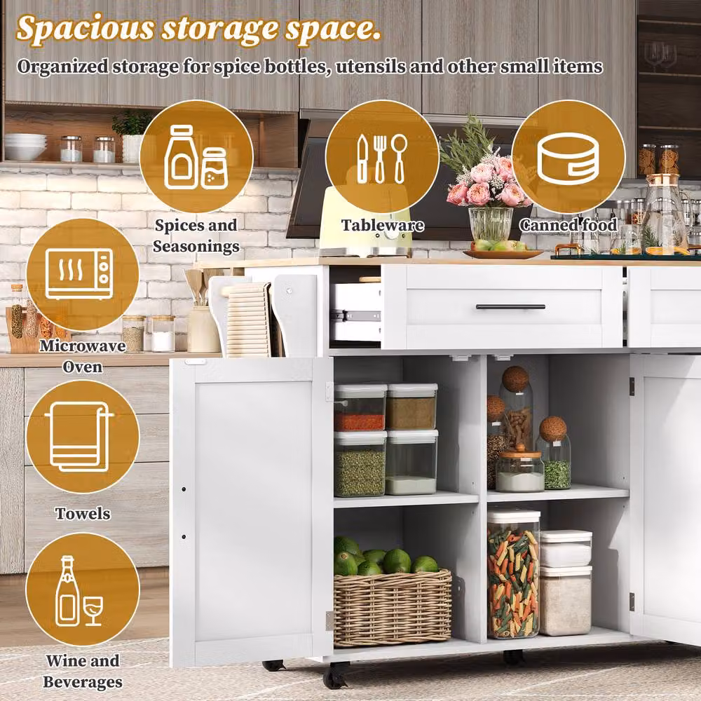 BTM White Folding Kitchen Island Trolley with Wood Storage Cabinet, H 91.5 x W 71.0 x D 71.0 cm – 3