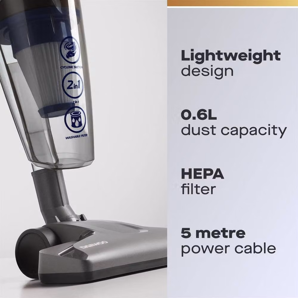 Daewoo Tornado Essential 600W 2-in-1 Bagless Corded Stick Vacuum Cleaner in Grey with HEPA and Washable Filter – 1
