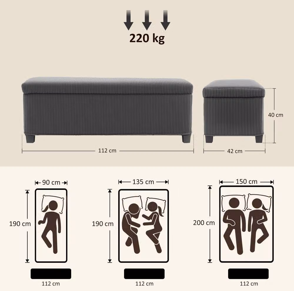 STILVORA Grey Fabric Storage Ottoman Bench with Hidden Storage, Width: 112 cm – 2
