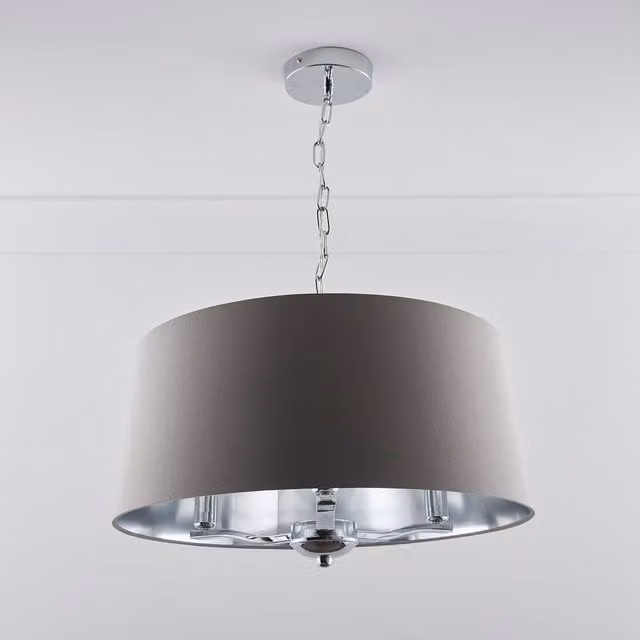 K LIVING Giovanna 3 Light Dimmable Chrome Chandelier with Grey Fabric Shade and Silver Lining
