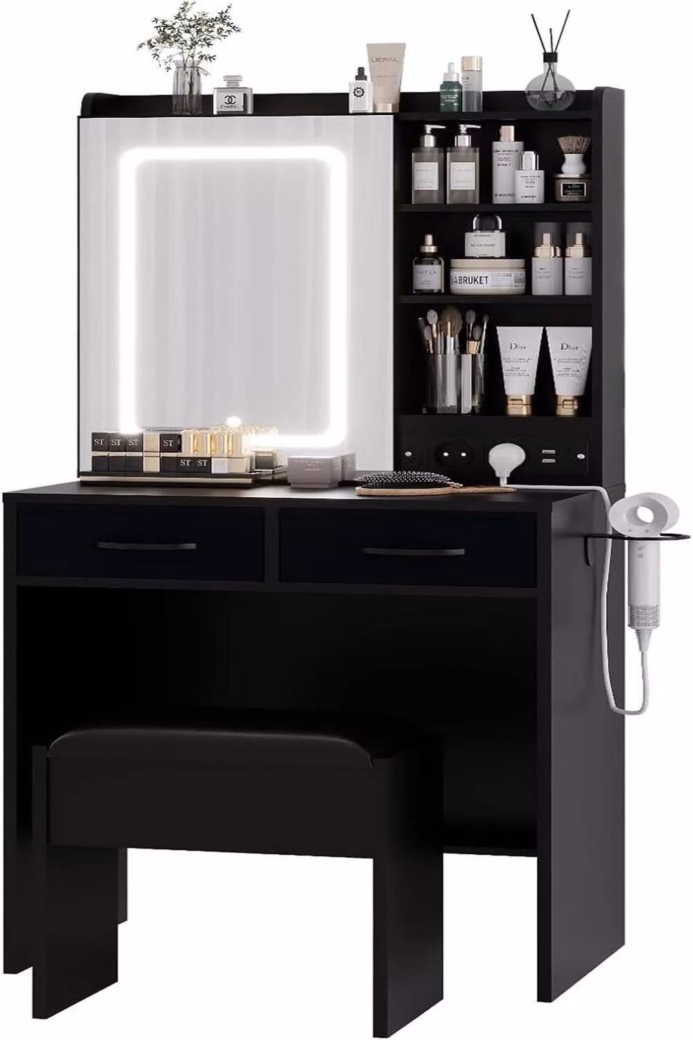 London Boutique Modern Black Dressing Table and Stool Set with LED Hollywood Mirror and Charging Station – 3